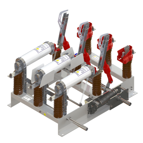Chave seccionadora tripolar modelo SRFALTI Sarel — abertura rotativa com fusível, aterramento lateral e intertravamento